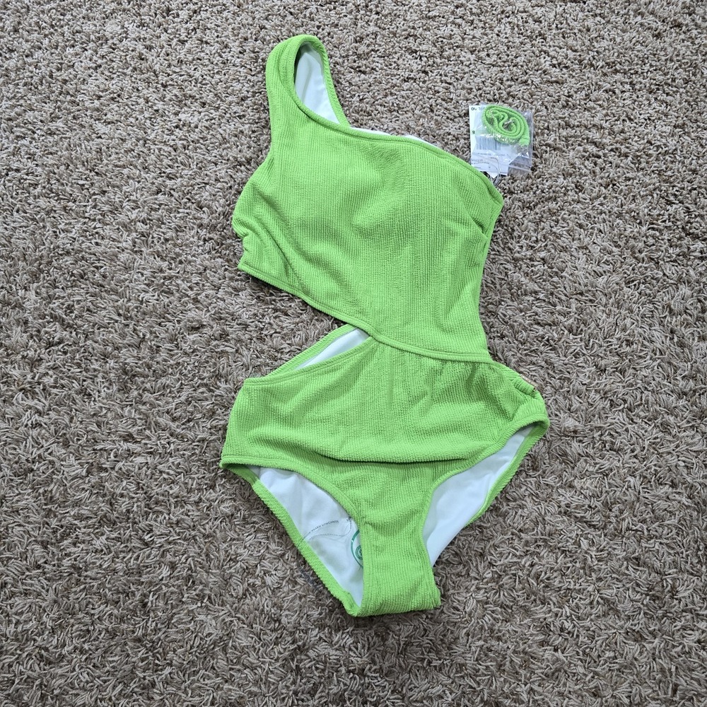 Michael Kors One Piece Swimsuit One Shoulder Cut Out Ribbed Green Size 8 NEW NWT